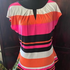 Worthington orange/hot pink/black/white top with cap sleeves and keyhole opening